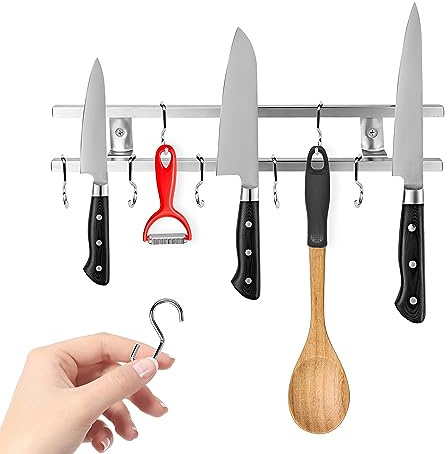 Modern Innovations (12 Inch Stainless Steel Metal Magnetic Knife Holder, Wall Mount Double Bar with 8 Hooks - Multipurpose Knife Magnetic Strip, Utensil hanger, and Kitchen Storage Rack Magnet