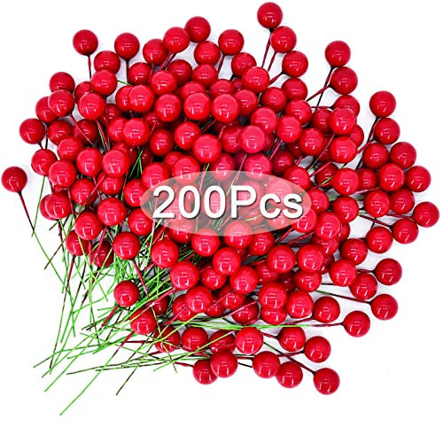 ENTHUR 200Pcs Christmas Holly Berries Artificial Berries for Christmas Wreath Decorations Wreath Making Supplies Christmas Tree Xmas Wreath Decorations