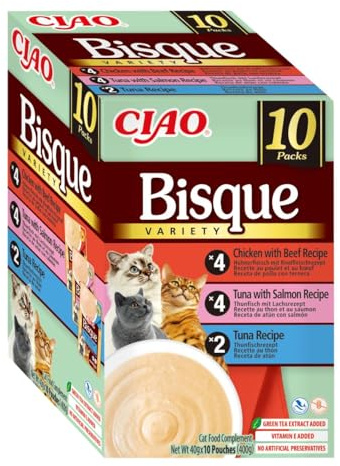 INABA Ciao Bisque kattgodis med högkvalitativa ingredienser, rik på fukt och protein, lågt kaloriinnehåll, utan spannmål eller socker 40 g (paket med 10)