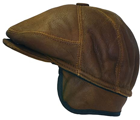 Coppola Cappello da Uomo in Pelle di Montone Shearling - Berretto con Visiera e Paraorecchie - Marrone (XL)
