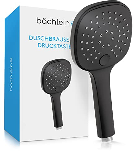Bächlein Universal Duschbrause - Brausekopf mit 3 Strahlarten, einfach wechselbar durch praktische Drucktaste - Eckiger Duschkopf Matt Schwarz - Handbrause mit Standard G 1/2” Anschlussmaß