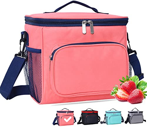 BOCHION Lunch Bag for Women, Insulated Reusable Lunch Bags with Adjustable Shoulder Strap and Handle, Medium Multi Pockets Waterproof Leakproof Packed Cooler Bags for Shool, Picnic, Camping (Pink)