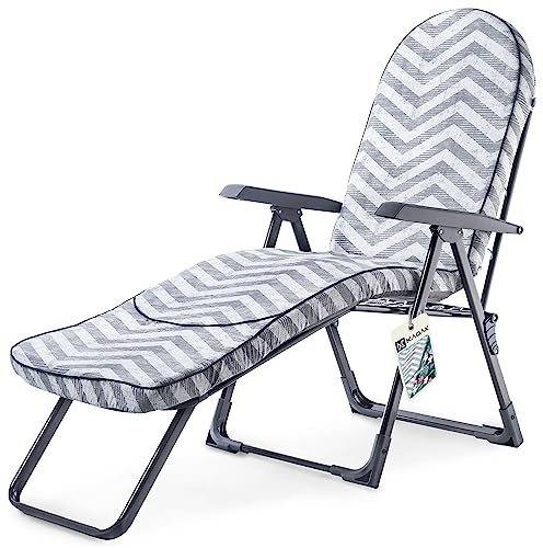 KADAX Gartenliege mit Einstellbarer Lehne, Liegestuhl aus Stahlgestell, klappbarer Gartenstuhl, Sonnenliege mit Polster Auflage, Klappliege, Campingliege, Relaxliege (Grau Zig Zack)