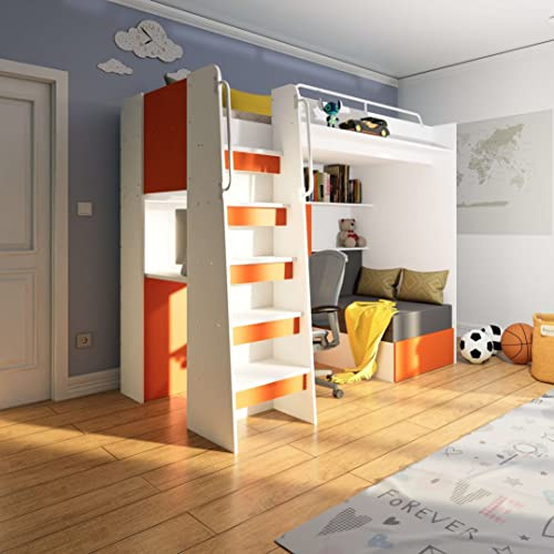 Marlux-Meble Hochbett JSM-7 90x200 TREPPE Links mit Schreibtisch Schränke und Ausklappbares Sofa 70x180 Matt Funktionsbett Etagenbett Stockbett Kinderhochbett Jugendhochbett (Orange Matt)