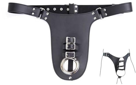 PIIKNUO Hombres de cuero Cinturón de Castidad Cinturón de Castidad de cuero Tanga Hombres Sexy Flirt Sexy Ouvert Slips con Anillo de pene SM Fetiche Esclavos Eróticos Disfraces Bondage Juegos
