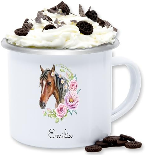 Emaille Tasse Blechtasse - Pferd Pferde - Wunschname Pferdekopf Name I Pferdemotiv I Geschenk Pferdemädchen - 300 ml - Weiß Silber - kinder pferdetassen pferden horse tassen pferderassen