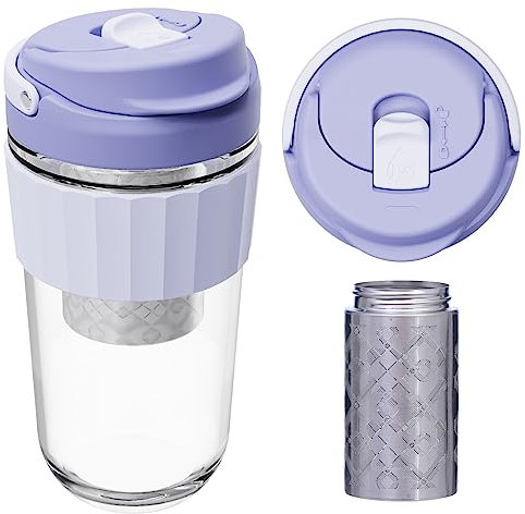 Leak-proof Glass Coffee Mug with Lock Lid, 17oz Reusable Coffee Cup with Stainless Steel Filter, Travel Tea and Fruit Infuser with Handle, BPA-free, Dishwasher Safe (Lavender)