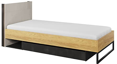 Mirjan24 Jugendbett Teen Flex 90 TF16 mit Bettschublade und Lattenrost, Funktionsbett 90x200 cm, Bett für Kinderzimmer (Hikora Natur/Raw Steel/Silk Flou, 90 x 200 cm)