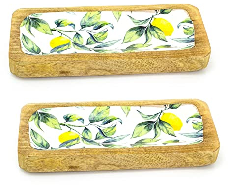 Carousel Home Set of 2 Lemon Orchard Enamelled Mango Wood Dish | Hand Crafted Rectangle Serving Platter Graze Board Snack Board | Sharing Platter Food Board for Appetisers - 30cm