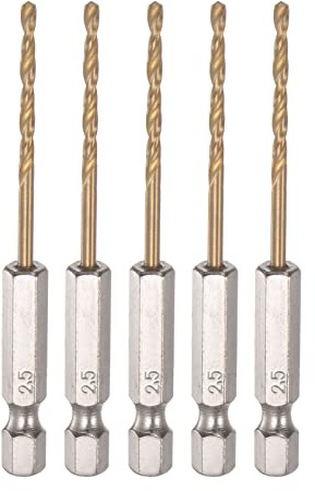 sourcing map 5uds 1/4 Hexagonal Vástago Taladros 2.5mm Titanio Taladro Brocas Juego M35 Alta Velocidad Acero Helicoidal Taladro 76mm Largo para Madera, Inoxidable Acero, Metal