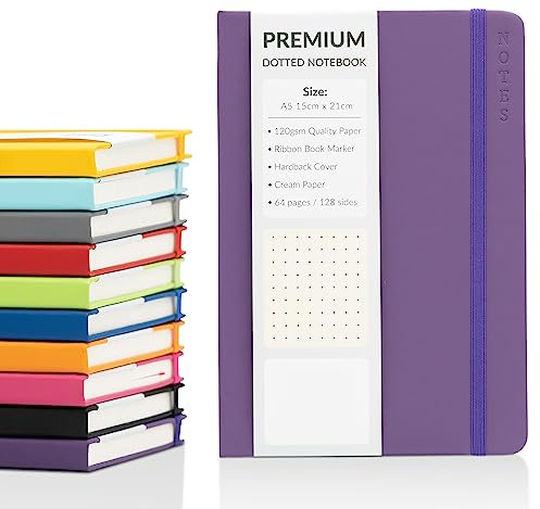 evelay Bullet Journal A5 gepunktetes Notizbuch mit Kunstleder-Einband und hochwertigem 120 g/m² dickem Punktrasterpapier (128 cremefarbene Seiten, Violett)