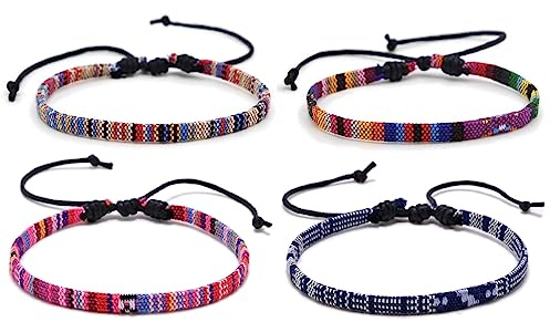 Jitnga 4 Stück Boho Armband Fußkette Handgefertigtes Geflochtenes Armband, Verstellbar Gewebte Armband, Freundschaftsarmbänder Fußkettchen Stoff Surfer Fußband Armband Für Damen Herren, Mehrfarbig