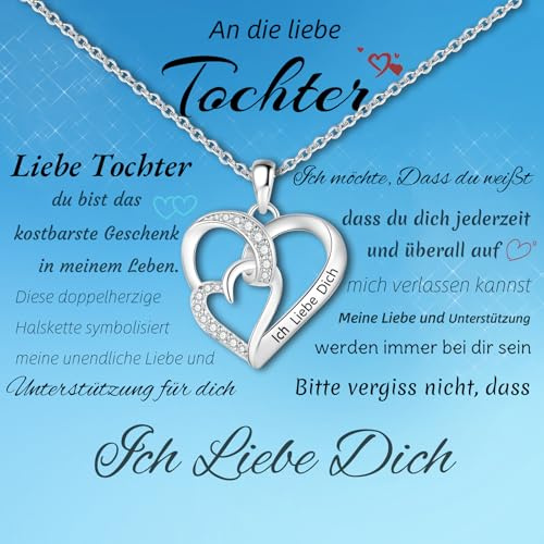 Jbniuay Weihnachtsgeschenke für meine Tochter - Tochter kette, S925 Doppelherz-Anhänger mit Gravur Ich liebe dich halskette Tochter silber 925 mit Karte und Geschenk