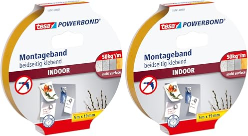 tesa Powerbond INDOOR - Doppelseitiges Montageband für den Innenbereich - beidseitig stark klebend, zur permanenten Befestigung - 5 m (Packung mit 2)