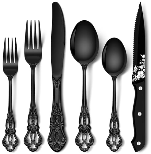 Stapava 48 Pcs Black Silverware Set with Steak Knives, Gorgeous Retro Royal Silverware Set for 8, Stainless Steel Mirror Flatware Cutlery Set, Include Forks Spoons and Knives set, Dishwasher Safe