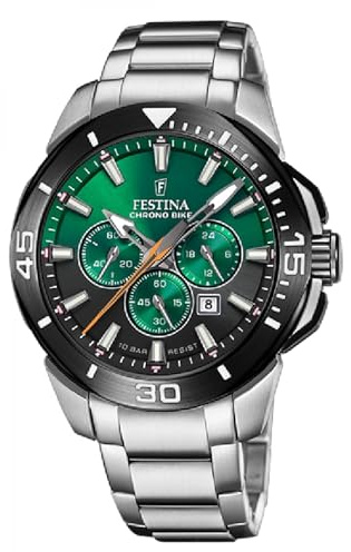 FESTINA Reloj Hombre Analógico de Acero Inoxidable 316l Plateado - Movimiento de Cuarzo - Cronógrafo - Calendario - Cristal Mineral de Alta Resistencia - Resistente al Agua 10 ATM F20641/B Chrono Bike