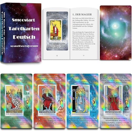 Smoostart Holografische Tarotkarten Deutsche für Anfänger mit Deutungen | 4 Farbgruppen für vier Elemente. Laser-Holografisch. Jede Karte: Schlüsselwörter-Ja/Nein-Elemente-Planeten-Chakren. Handbuch