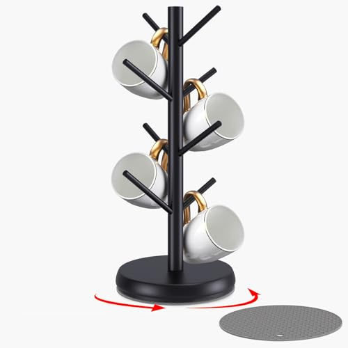 ZYZWTG Bamboo Mug Holder Tree - Upgraded 360° Rotating 8 Hooks Coffee Cup Rack, Sturdy No-Tool Assembly Counter Organizer for Mugs, Jewelry & Accessories, Eco-Friendly Wood Stand(Black)