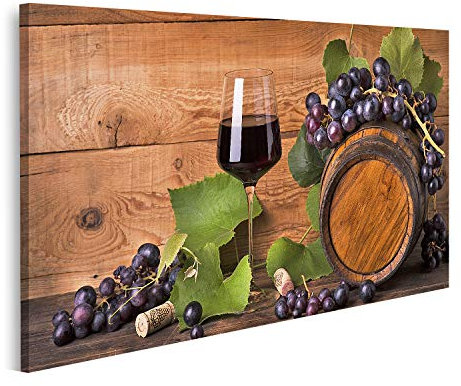 islandburner Impression sur Toile - Motif Calice - Vin Rouge - Raisins - Feuilles Vertes - Fûts en Bois - Nature Morte