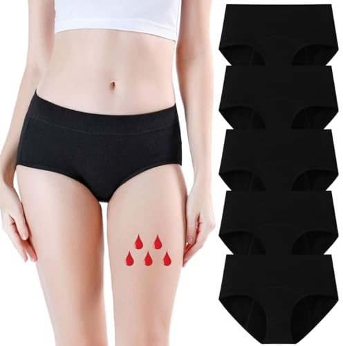 Yintry Culotte menstruelle pour Femme avec 4 Couches de Protection étanche – sous-vêtement menstruel Taille Moyenne à Flux Lourd Lot de 5 Slips en Coton
