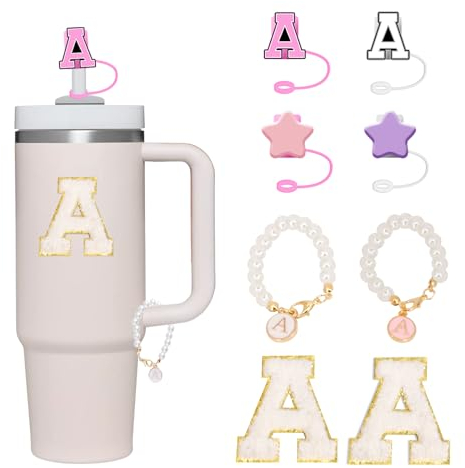 Letter Stanley Straw Cover 2Pcs Dustproof 10mm Straw Cover for Stanley Cup Accessories Include 2pcs Personalized Name ID A-Z Pearl Hangings Letter Stickers（A