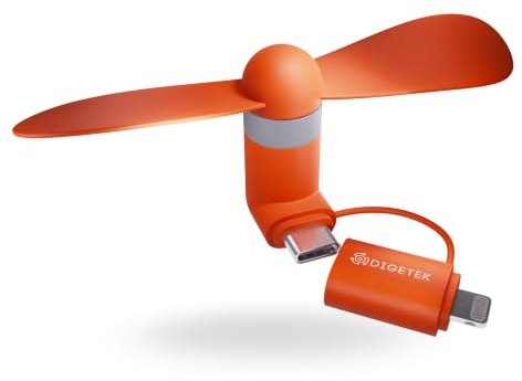 DIGETEK Mini Travel Fan for Smartphone – USB-C & Lightning Cooling Fan, Pocket-Sized, Ultra-Quiet, Compatible with iPhone, Samsung & More (Orange)