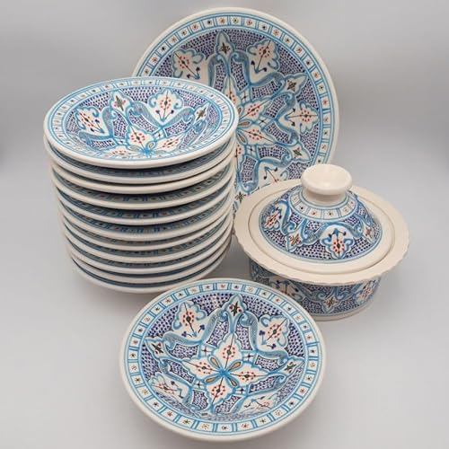 Service à couscous Marocain turquoise assiettes Tebsi - 12 pers