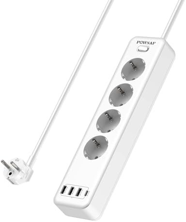 POWSAF è una striscia di 4 prese con 4 porte USB, con una potenza massima di 4000W e 16A. Include una presa USB-C, bianco.