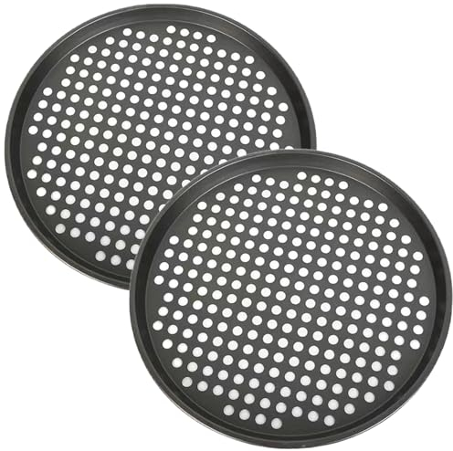 HQILRRA Plaques à pizza perforées rondes,Plaque pizza, lot de 2, 33cm, Gris,perforée, acier carbone,antiadhésive,(13+13)