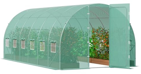 VEVOR Walk-in Tunnel Greenhouse, 19.4x9.7x7.4 ft Hoop House Greenhouse Tunnel, Plant Hot House with Galvanized Steel Frame, Green PE Cover, Swing Door and 12 Roll-up Windows for Outdoor