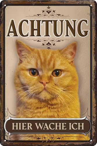 LUCKYLINDE – Wetterfestes Katzen Blechschild auch für den Außenbereich, Türschild, Hinweisschild, Warnschild: Achtung hier wache ich! - 20 x 30 cm (Kurzhaar)
