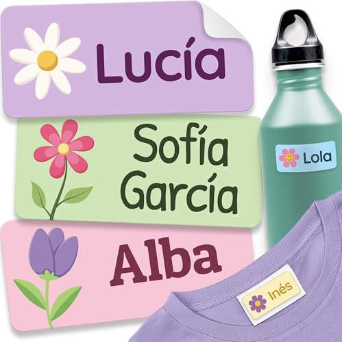 melu kids® Etiquetas para Ropa Personalizadas (180 piezas, Flores) - No es necesario planchar, pegatinas personalizadas para pegar y lavables a máquina (lavadora y lavavajilas)