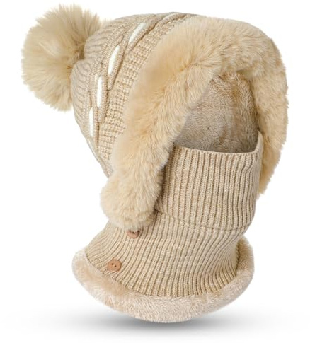 TAGVO Pasamontañas Térmico de Invierno Mujeres, Gorro de Punto Térmico a Prueba de Viento con Bola de Pelo, Capucha De Lana Elástico con Calentador de Cuello con Forro de Vellón Máscara