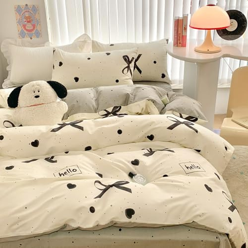 Covebett Set di biancheria da letto Kawaii per bambini e ragazze, con copripiumino con fiocco nero e fiocco beige, con stampa a cuore singolo, in microfibra, 135 x 200 cm, con chiusura a cerniera e 1