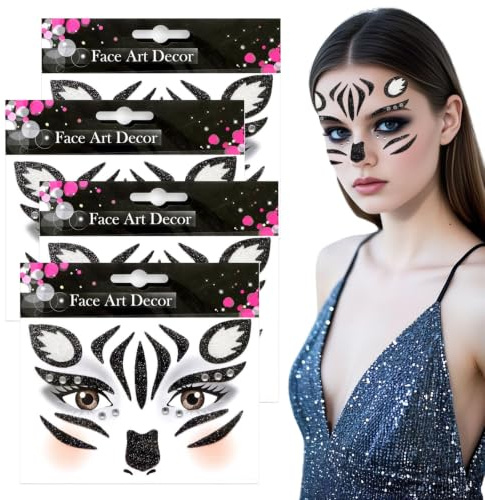 TUONYIS 4 Stück Face Art Aticker, Zebra Gesichtstattoo, Temporäre Gesichtstattoo Karneval, Glitzer Gesicht Aufkleber für Karneval Fasching Tierkostüm Party Erwachsene (Schwarz)