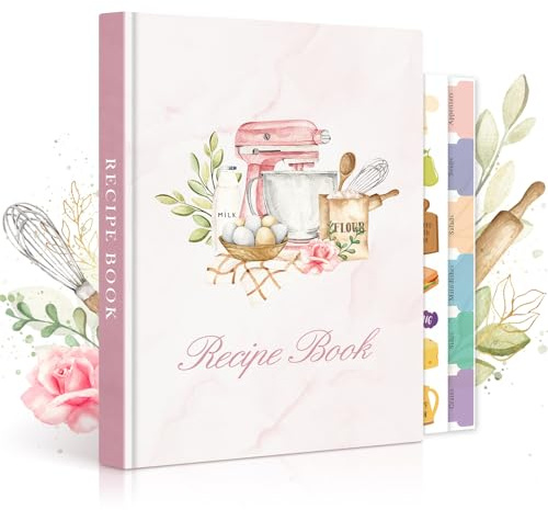 Lanpn Tomt receptbok och journal för 70 recept, vattentät A5 tomt kokbok för att organisera dina familjerecept, kokbok med läderfodral och klistermärken att skriva dina egna recept i, rosa