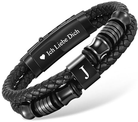 Armband Herren Lederarmband mit buchstaben - Schwarz Armbänder Leder mit Gravur A-Z Buchstabe Personalisierte Geschenke für Männer Jahrestag Geburtstag Vatertagsgeschenk für Papa Opa Sohn Bruder