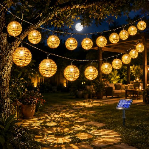 YeahBoom 10er Led Solar Lichterkette Aussen,LED Solar Rattankugel Lampion | Lichterkette Außen Solar,Wasserdicht Rattan-Optik Lichterkette,Solarleuchten für Garten Balkon Terrasse Außen Innen Deko