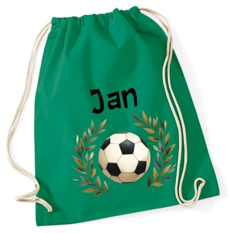 minimutz Turnbeutel Fußball Jungen, Stoffbeutel Baumwolle mit Name, Rucksack Kordel zum Zuziehen, Sportbeutel Schule, Wechselwäschebeutel Kita Kindergarten (mittelgrün)
