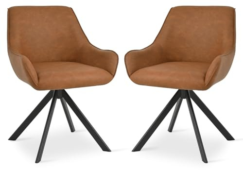 Goeurvant Swivel Dining Chairs Set of 2, 360° Swivel Kitchen Chair for Living Room with Armrests, Upholstered, Metal Leg, Glossy Brown
