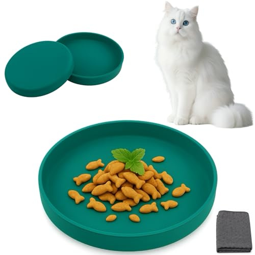 2er Katzennapf Silikon 15cm, Flacher Futternapf Katze mit Reinigungstuch | Silikon, flach, schnurrhaarfreundlich, Blau-Grün, mit Reinigungstuch, für Kitten, Senioren, Snacks, Reise, spülmaschinenfest