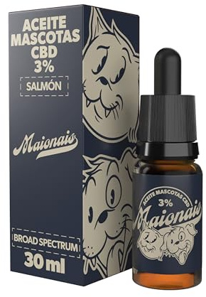 Maionais Aceite de Cañamo Perros y Gatos 3% | Oil 30ml 900mg | Calmante Perros y Calmante Gatos Natural | Gotas Aroma Salmón | Certificado CPNP | Ayuda a Regular el Organismo de tu Mascota
