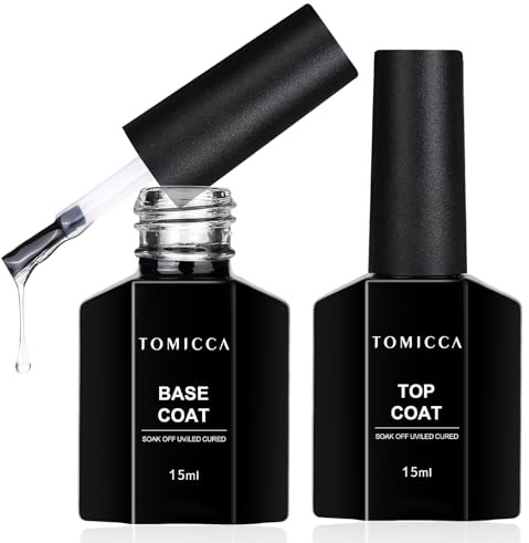 TOMICCA Base Coat Top Coat UV Esmalte de Uñas Set 2 x 15 ml No Wipe Top Coat Gel Acabado Brillante Base y Top Coat Soak-Off UV/LED Gel Esmalte de uñas para Nail Art Nail Art