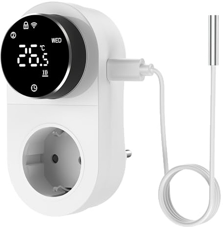 Yasorn Termostato WiFi con enchufe 240V, controlador de temperatura LED con mando giratorio, enchufe inteligente con sensor,control por voz,calefacción y refrigeración, apto para invernaderos/acuarios