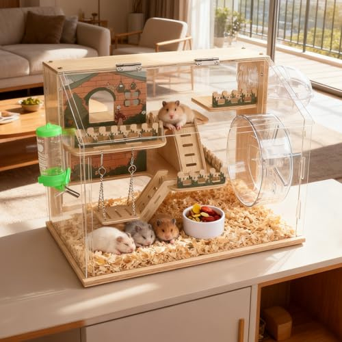 Hamsterbur av trä, hamsterhabitat med 270°-sikt, tuggsäker, med väl synliga akrylplattor, ventilerad smådjursbur för gerbiler, råttor, marsvin, möss
