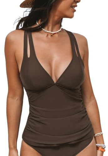 CUPSHE Women's Tankini Top Deep V Neck Swimsuit Crisscross Adjustable Straps Swimwear Top Only Ruched Bathing Suit, L Brown