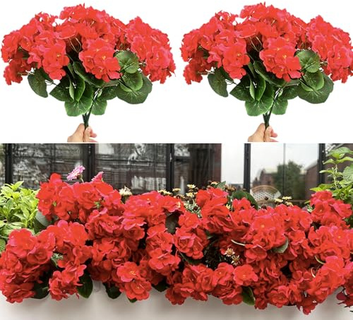 Amajoy 4 Bündel Künstliche Geranien für den Außenbereich, UV-beständige gefälschte Geranien Blumen Seidenblumen für Haus, Garten, Balkon, Fensterkästen, Hängetopf-Dekoration (Rot)
