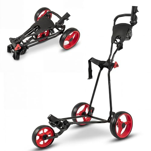 COSTWAY Folding Golf Push Pull Cart, Lightweight 3 Wheels Golfs Trolley with Foot Brake, Umbrella & Cup Holder, Adjustable Handle and Storage Bag (Red)