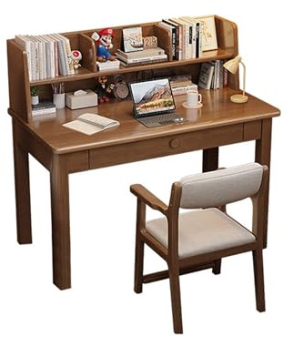 Esspoxi Home Office Schreibtisch mit Aufbau, Kompakter Arbeitstisch aus Echtholz mit Stauraum-Regal und Stuhl, Platzsparender Bürotisch Sekretär für kleine Räume & Wohnzimmer(Walnut,27.6in)