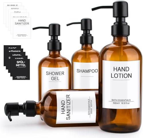 500ml Shampoo Flaschen zum Befüllen,4er Set Seifenspender Braun Matt aus Glas, Badezimmer Seifenspender Set, Spender Pumpkopf Edelstahl,Pumpflasche + Aufkleber